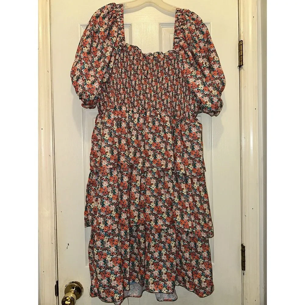 English Factory Smocked Mini floral‎ ruffle Dress Sz 2XL Cottage Core Prairie